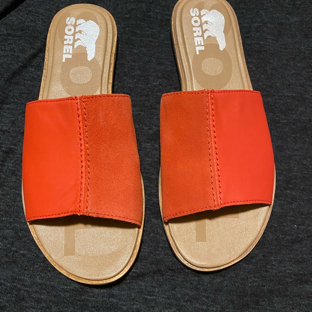 SOREL Signal Red Block Ella II Leather Slide NWOB size 7